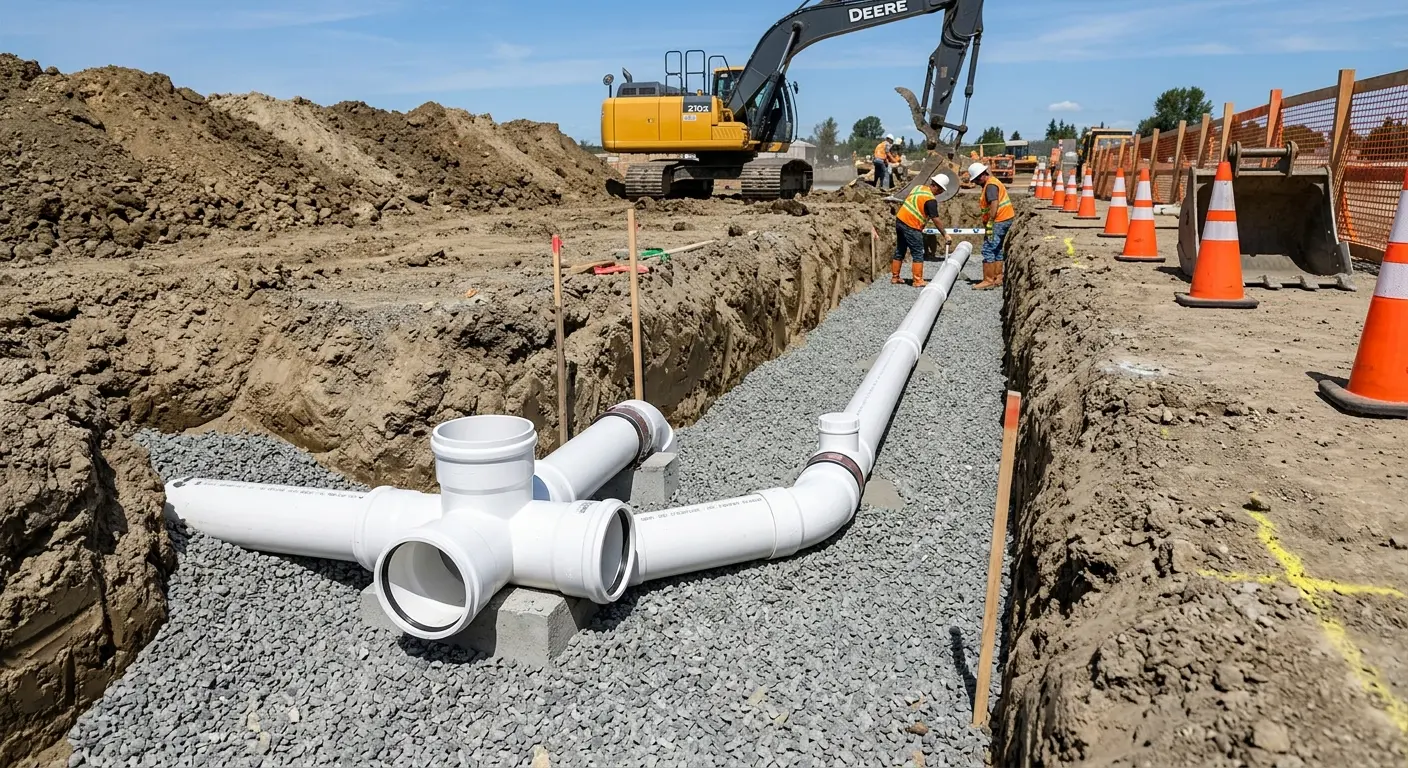 New PVC sewer pipe installation in open trench for Grease Trap Cleaning in Marion